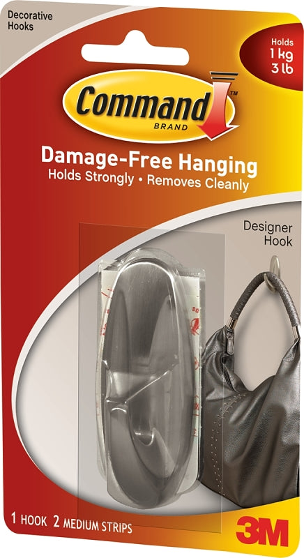 Command Medium Designer Hooks, Brushed Nickel, 1-Hook, 2-Strips, Decorate Damage-Free 17081BN
