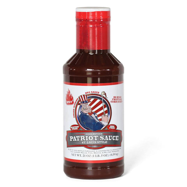 St. Louis Style Patriot Spicy BBQ Sauce, 21 Ounce Bottle, Original St. Louis Competition Style Barbecue Flavor, Made Without High Fructose Corn Syrup, Gluten-Free, No MSG Patsauspi
