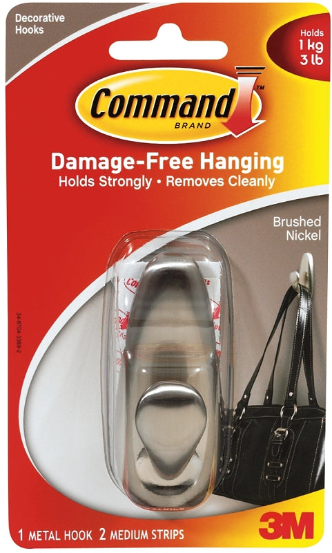 Command 3 lb Capacity Metal Hook, 1 hook, 2 strips, Indoor Use, Medium, Brushed Nickel (FC12-BN-ES)
