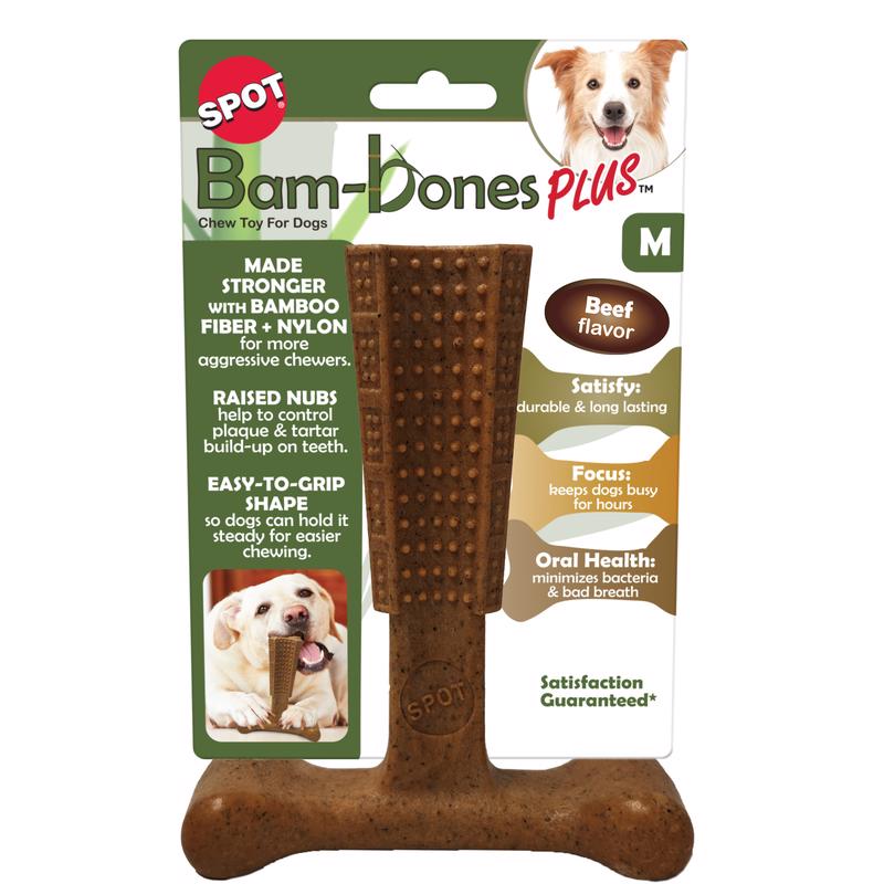 SPOT Bam-bones PLUS T Bone - Bamboo Fiber & Nylon, Durable Long Lasting Dog Chew for Aggressive Chewers – Great Toy for Adult Dogs & Teething Puppies under 60lbs, Non-Splintering, 6in, Beef Flavor