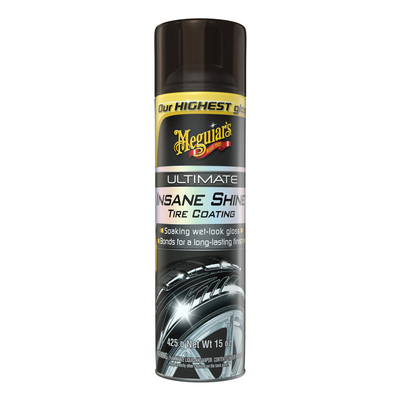 Meguiar's G190315 Ultimate Insane Shine Tire Coating, gives a Finish that Creates a Lasting Wet-Look for a Classic Black Shine, Easy to Use, No Hassle, No Mess, Ultimate Protection, 15 Oz Aerosol Can