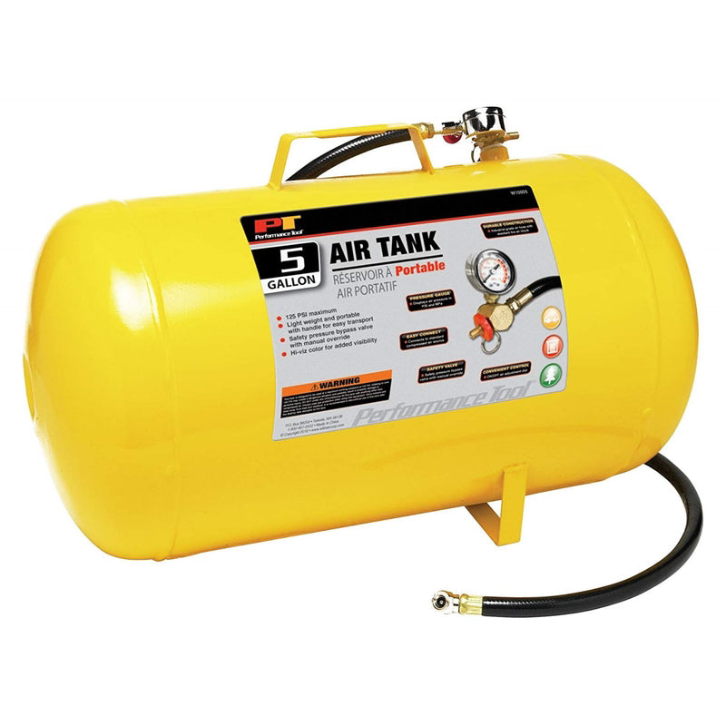 Performance Tool W10005 Hi-viz 5-Gallon Horizontal Portable Air Tank With Tire Air Chuck , Yellow