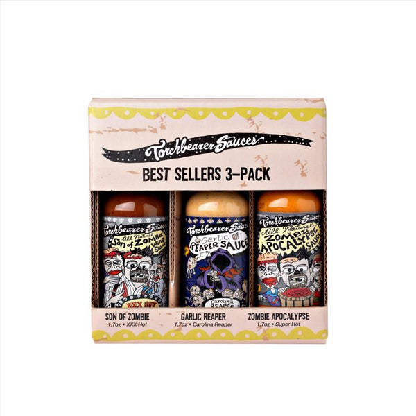 Torchbearer Sauces Best-Sellers 3 Pack Mini Hot Sauce Gift Set, 1.7 Oz each - Zombie Apocalypse, Garlic Reaper, Son of Zombie 855090001754