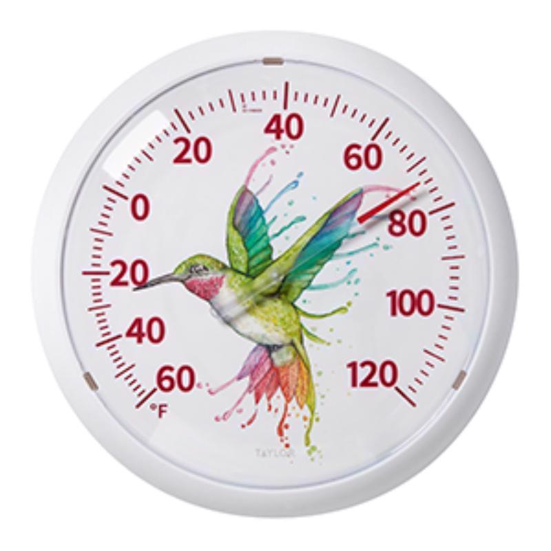 Taylor Watercolor Series Rainbow Hummingbird Indoor Outdoor Dial Thermometer, Home Decor for Patio, Pool, or Garage, 13.25inch, White Bezel