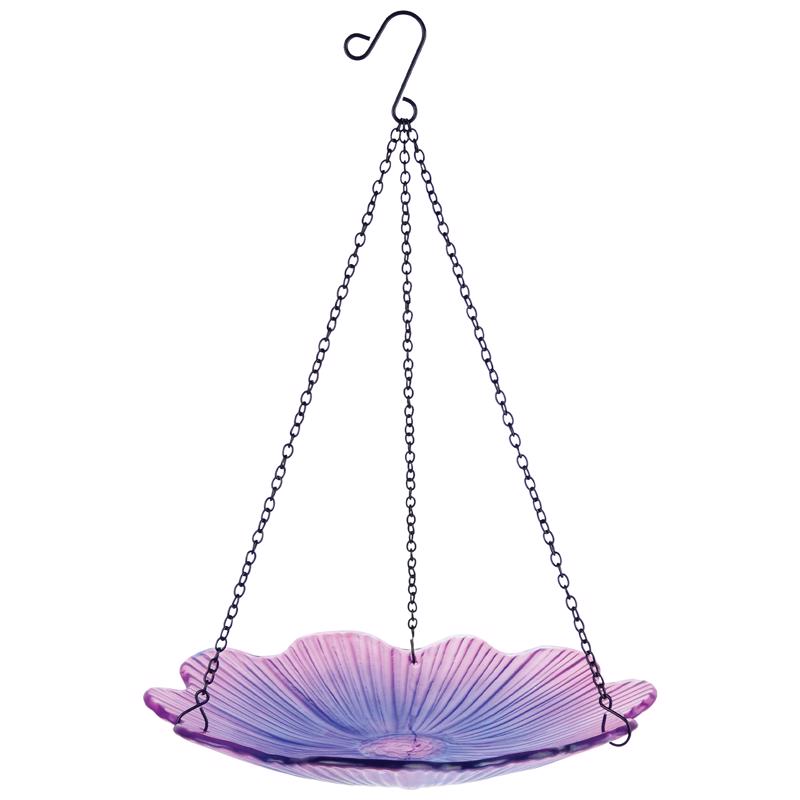 EcoCycle 11" Recycled Glass Hanging Combination Bird Feeder and Bath for Wild Birds and Outdoor Décor, 0.625 Quart Capacity, Violet Begonia Floral Design, Hanging Chains Included