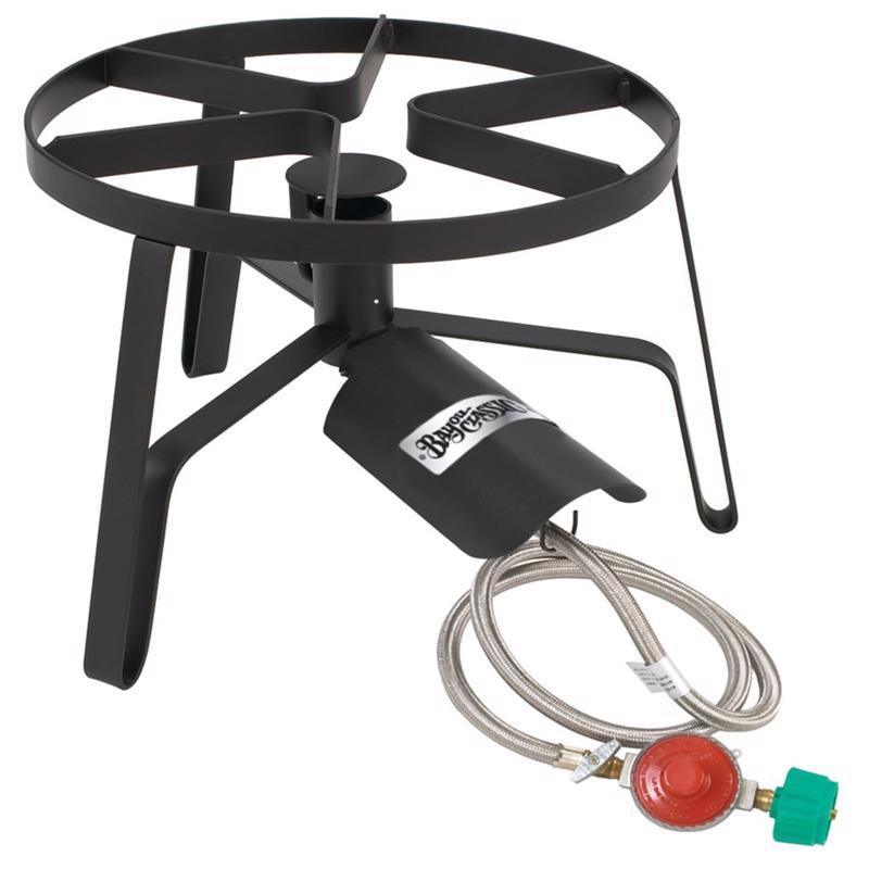 Bayou Classic SP1 14-in Single Jet Cooker 14-in Cooking Surface 11.5-in Tall Frame 10-psi Adjustable Regulator w/ 48-in Stainless Braided Hose 4-in Cast Aluminum Burner