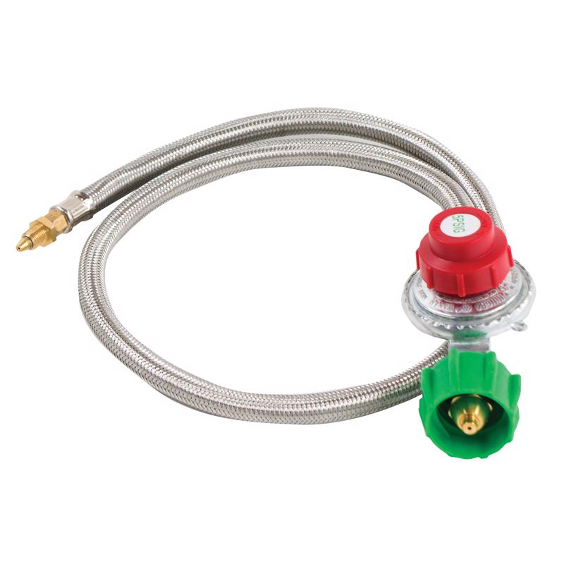 Bayou Classic M5HPR 36-in Stainless Braided LPG Hose w/ 5-psi Adjustable High Pressure Regulator Features 1/8-in Male Orifice Connector Designed For Bayou Classic Cookers