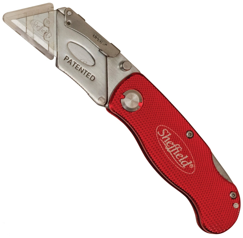 Sheffield 12614 Ultimate Lock Back Utility Knife, Folding, Box Cutter Knife, Carpet Knife, Drywall Cutter, and More, Quick-Change Blade, Back Lock Design, Red