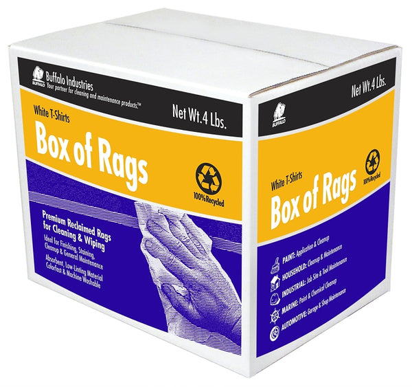 Buffalo Industries (10520) Absorbent White Recycled T-Shirt Cloth Rags - 4 lb. box - For All-purpose Wiping, Cleaning, and Polishing - Made from 100% Recycled Materials