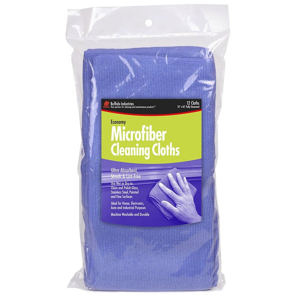 Buffalo Industries (65100 12" x 16" Ultra Absorbent, Gentle Economy Microfiber Cleaning Cloths, Pack of 12 - Ultra-Fine Fibers Pick up Dirt, Polish Finishes, Glass, Electronics, Appliances, Furniture