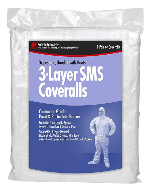 Buffalo Industries (68443) 3-layer Lead Abatement Disposable Coverall, Size XXL, Pack of 1, Attached Hood and Booties, Zippered Front with Flap, Elastic Wrists, Ankles and Waist, Front, Back Pockets