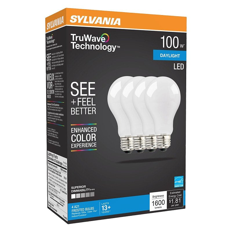 Sylvania LED TruWave Natural Series A19 Light Bulb, 100W Equivalent, Efficient 15W, 1600 Lumens, Medium Base, Dimmable, Frosted, 5000K, Daylight - 4 Pack (42276)