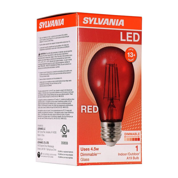 LEDVANCE Sylvania LED Red Glass Filament A19 Light Bulb, Dimmable, Efficient 4.5W, E26 Medium Base - 1 Pack (70300) 40300