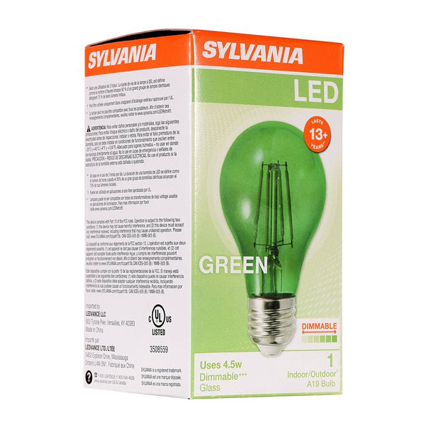 Ledvance SYLVANIA LED Green Glass Filament A19 Light Bulb, Efficient 4.5W, 40W Equivalent, Dimmable, E26 Medium Base - 1 Pack (40303)