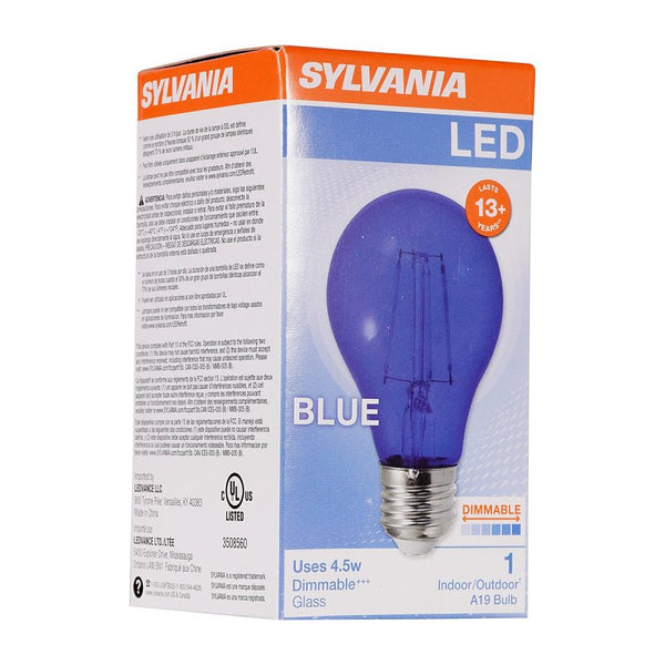 LEDVANCE Sylvania LED Blue Glass Filament A19 Light Bulb, Efficient 4.5W, 40W Equivalent, Dimmable, E26 Medium Base - 1 Pack (40304)