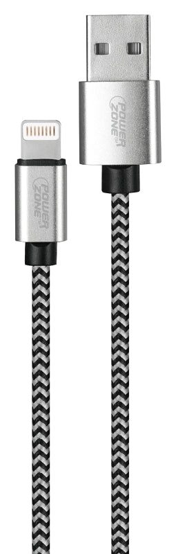 PowerZone KL-029X-2M-LIGHT Lightning Charging Cable, Braided Cable + Aluminum, Black + White Braided Cable, 6 ft L