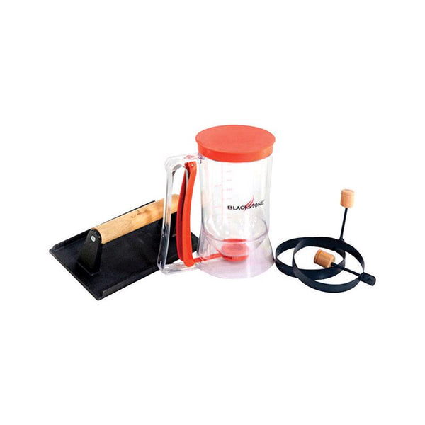 Blackstone 1543 Outdoor Griddle Breakfast Preparation Kit with Pancake Batter Dispenser, Cast Iron Bacon Press, and 2 Non Stick Steel Egg Rings