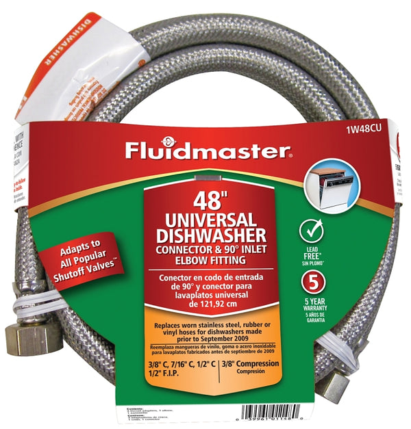 Fluidmaster 1W48CU Dishwasher Connector With 3/8-Inch and 3/4-Inch Elbow Fittings And Size Adaptors, Braided Stainless Steel - 3/8 Compression, 7/16 Compression, 1/2 Compression, or 1/2 F.I.P. Thread x 3/8 Compression Thread, 48-Inch Length