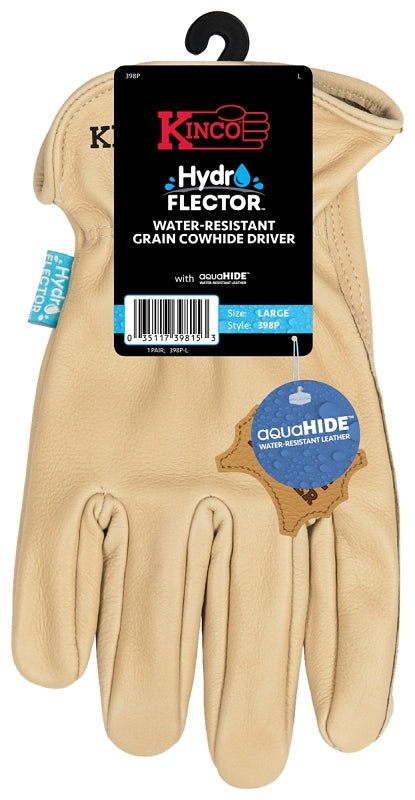 HYDROFLECTOR 398P-L Driver Gloves, Men's, L, Keystone Thumb, Easy-On Cuff, Cowhide Leather, Tan
