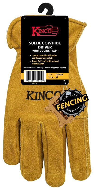Kinco - Unlined Suede Cowhide Leather Work Gloves, Heavy Duty Reinforced Palm, Extremely Durable, Easy-On Cuff, Fitted Elastic Wrist, (Style No. 97)