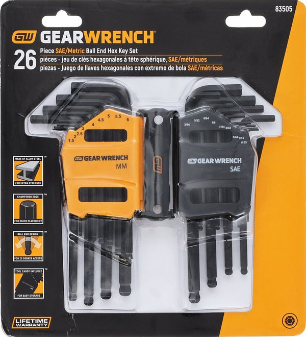 GEARWRENCH 26 Piece SAE/Metric Ball End Long Arm Hex Key Set - 83505