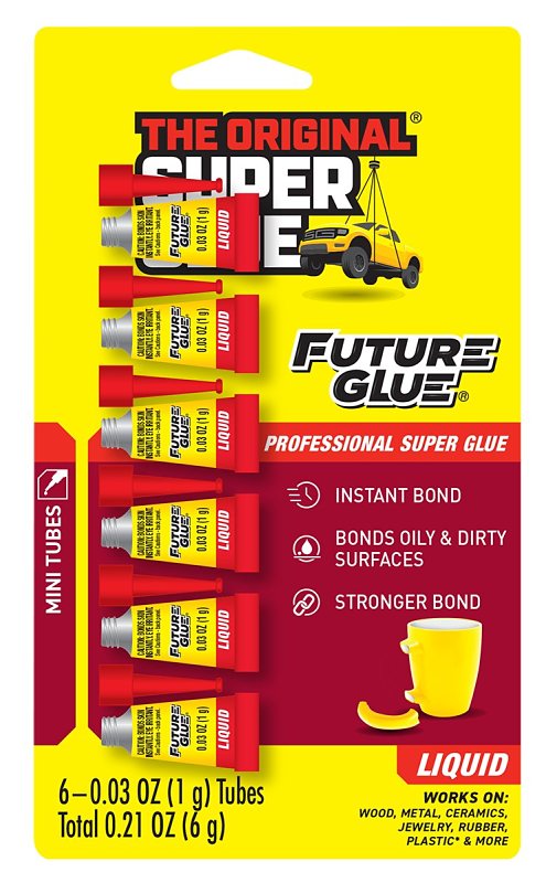 Super Glue Future Glue Liquid 6 Mini Single Use Tubes, Clear, Instant Bonding, Fast Dry, Professional Cyanoacrylate Adhesive, Great for Wood, Metal, Plastic, Crafts, Ceramic, and Toy Repairs 11710008