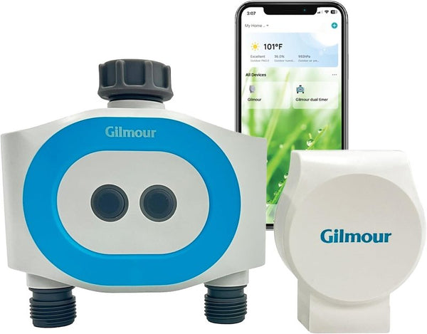 Gilmour Dual Outlet Smart Water Timer, WiFi Automatic Watering System, Rain Delay, Battery Operated, 2 Zone 867006-1001