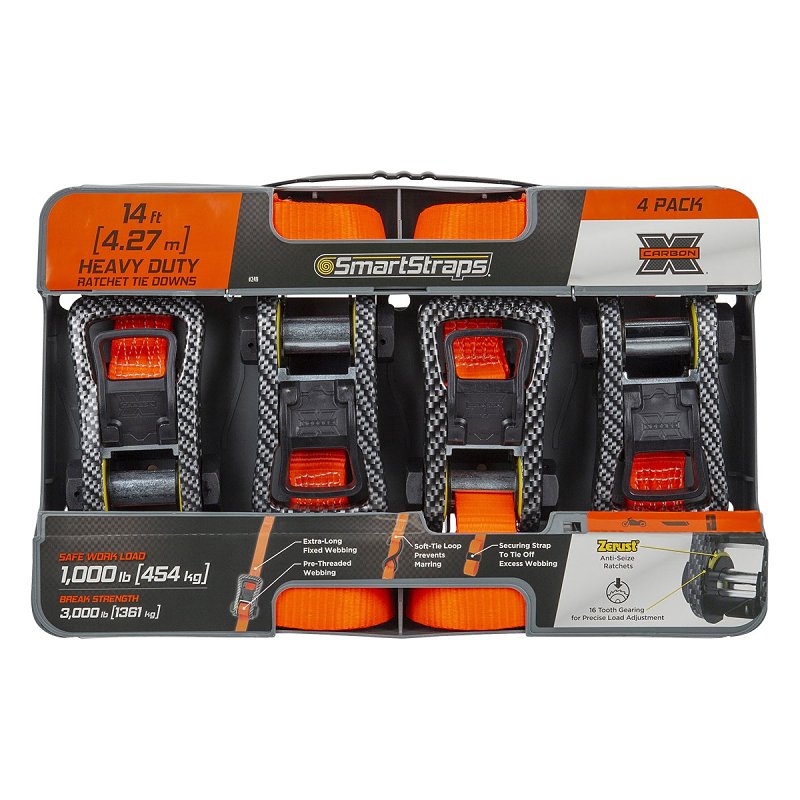 SMARTSTRAPS - 249 14' 3000lb CarbonX Ratchet Tie Downs 4 Pk