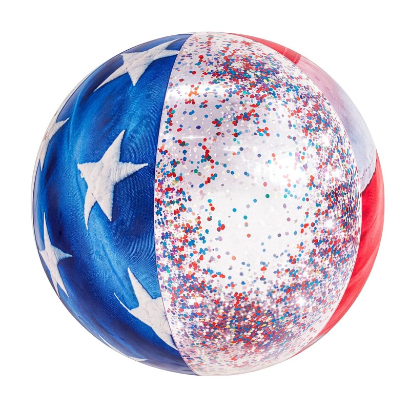 Poolcandy Inflatable Beach Ball Stars & Stripes Glitter. Easy to use inflataes in Second Beach or Pool Ball.