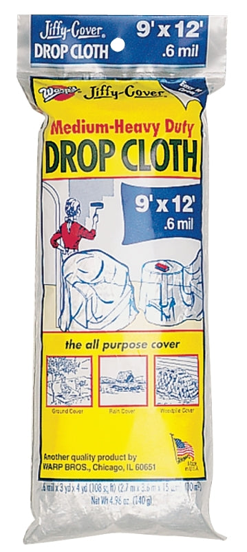 Warp Brothers U-912-48 Medium to Heavy Duty Drop Cloth, 0.6 Mil T, 9 W X 12 Ft L, Plastic, Clear