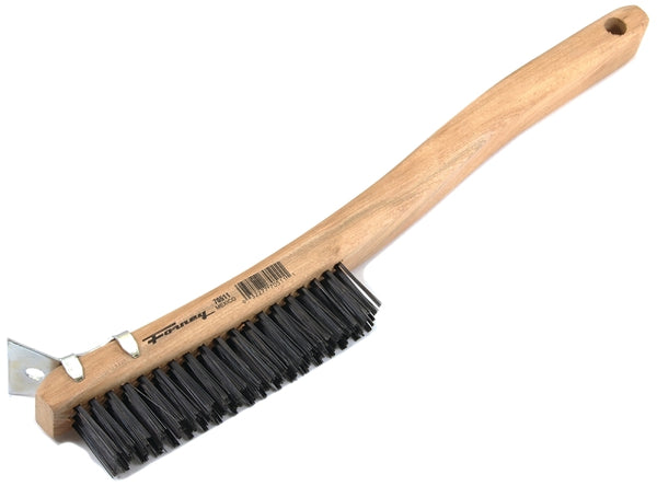 Forney 70511 Wire Scratch Brush, Carbon Steel with Curved Wood Handle & Metal Scraper, 13-11/16"-by-.014"