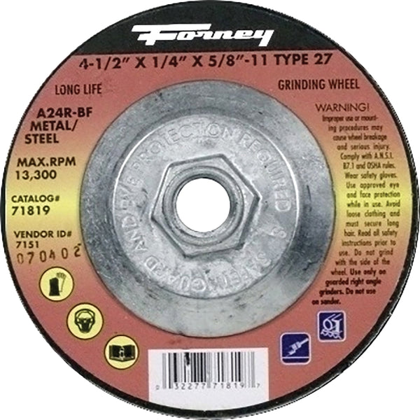 Forney 71819 Grinding Wheel with 5/8-Inch-11 Threaded Arbor, Metal Type 27, A24R-BF, 4-1/2-Inch-by-1/4-Inch