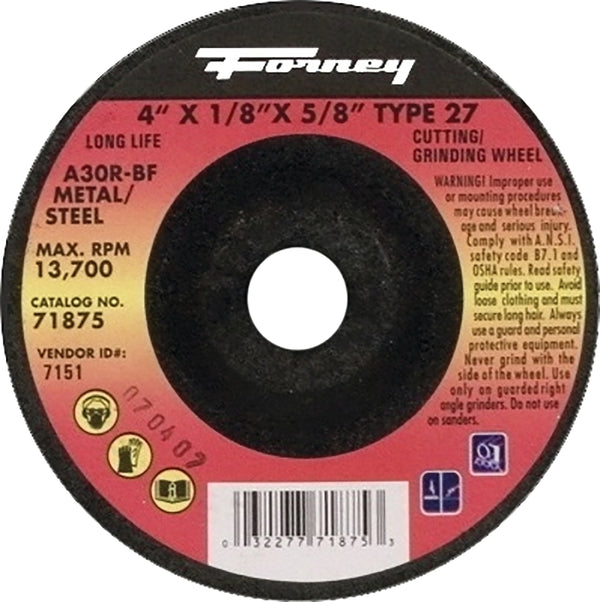 Forney 71875 Grinding Wheel with 5/8-Inch Arbor, Metal Type 27, A30R-BF, 4-Inch-by-1/8-Inch