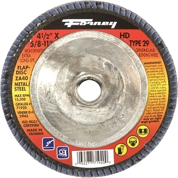 Forney 71920 Flap Disc, Type 29 Blue Zirconia with 5/8-Inch-11 Threaded Arbor, 40-Grit, 4-1/2-Inch
