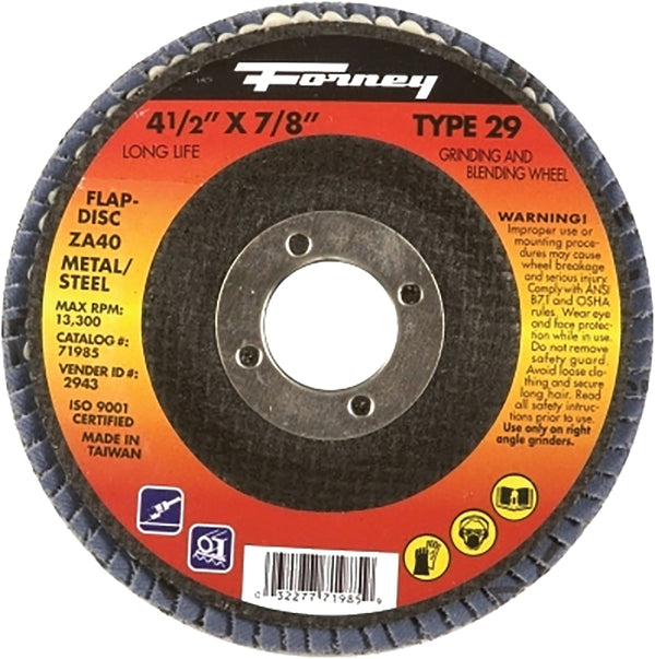 Forney 71926 Flap Disc, Type 27 Blue Zirconia with 7/8-Inch Arbor, 36-Grit, 4-1/2-Inch