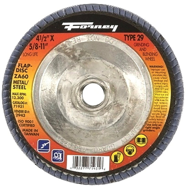 Forney 71931 Flap Disc, Type 29 Blue Zirconia with 5/8-Inch-11 Threaded Arbor, 60-Grit, 4-1/2-Inch