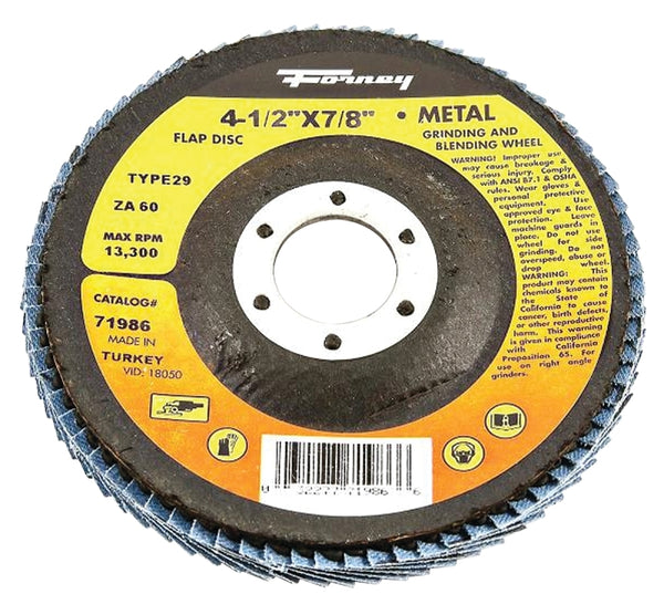 Forney 71986 Flap Disc, Type 29 Blue Zirconia with 7/8-Inch Arbor, 60-Grit, 4-1/2-Inch