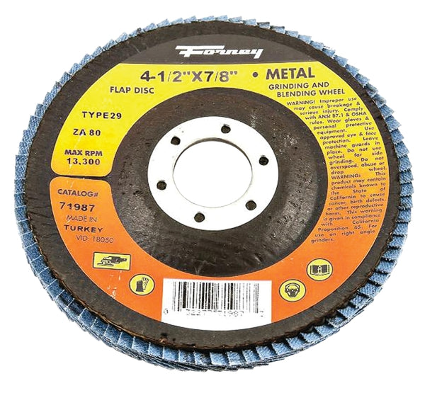Forney 71987 Flap Disc, Type 29 Blue Zirconia with 7/8-Inch Arbor, 80-Grit, 4-1/2-Inch