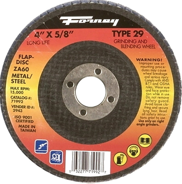Forney 71992 Flap Disc, Type 29 Blue Zirconia with 5/8-Inch Arbor, 60-Grit, 4-Inch