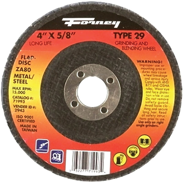 Forney 71993 Flap Disc, Type 29 Blue Zirconia with 5/8-Inch Arbor, 80-Grit, 4-Inch