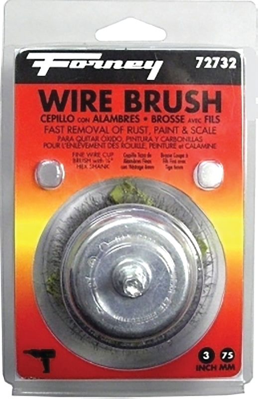 Forney 72732 Wire Cup Brush, Fine Crimped with 1/4-Inch Hex Shank, 3-Inch-by-.008-Inch