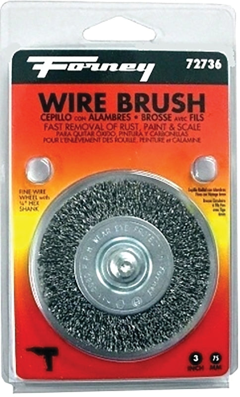 Forney 72736 Wire Wheel Brush, Fine Crimped with 1/4-Inch Hex Shank, 3-Inch-by-.008-Inch