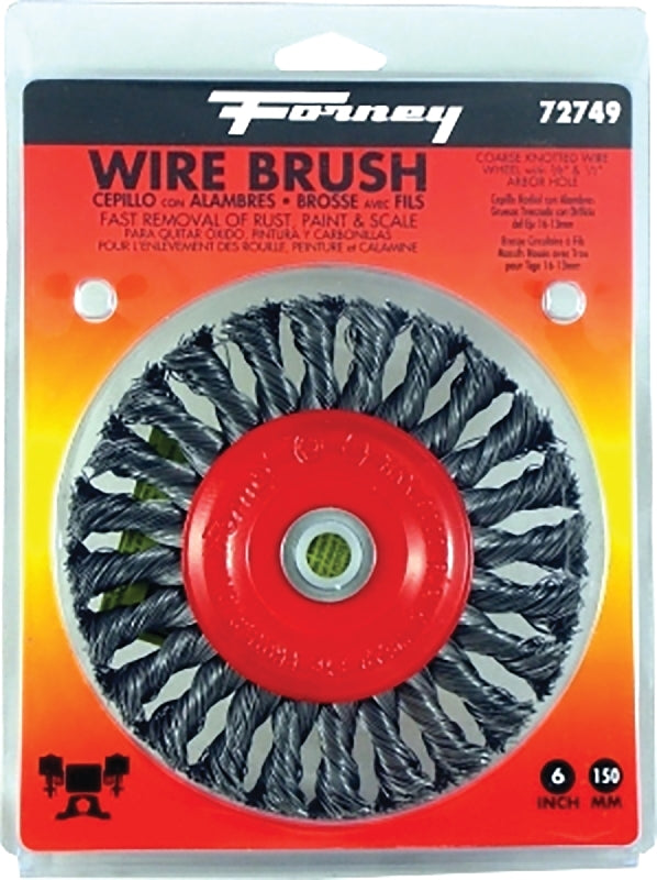 Forney 72749 Wire Wheel Brush, Twist Knot Crimped with 1/2-Inch and 5/8-Inch Arbor, 6-Inch-by-.020-Inch