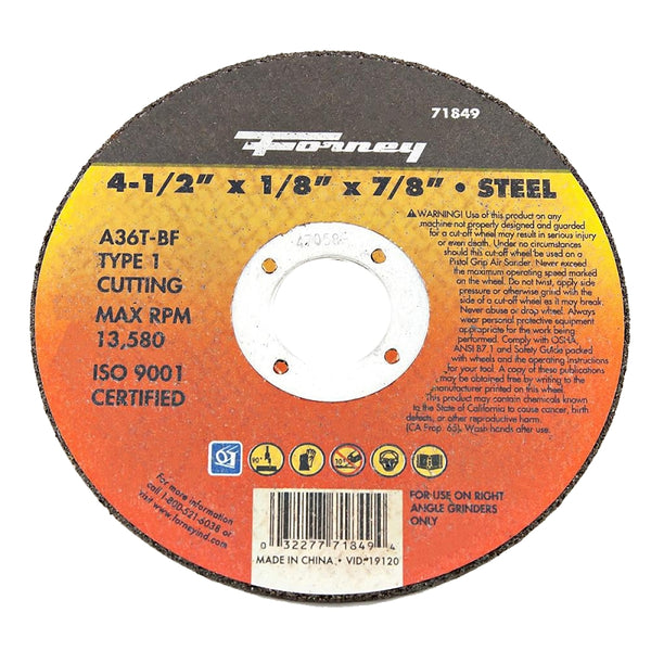 Forney 71849 Cut-Off Wheel with 7/8-Inch Arbor, Metal Type 1, A36T-BF, 4-1/2-Inch-by-1/8-Inch