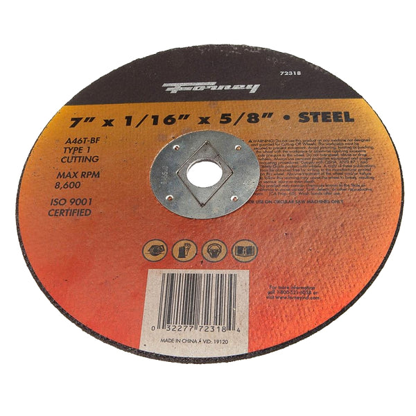Forney 72318 Cut-Off Wheel, Type 1 Metal with 5/8-Inch Arbor, A46T-BF, 7-Inch-by-1/16-Inch