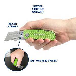 Sheffield Folding Utility Knife, Accepts Standard Utility Knife Blades, Box Cutter Aluminum Handle, Razor Blades Included, For Home, Office, Trades, and Warehouse