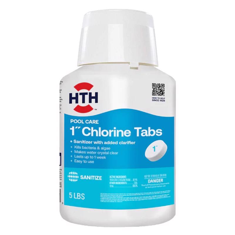 HTH 42047 Pool Care 1'' Chlorine Tabs, Swimming Pool Sanitizer with Added Clarifier - Eliminates Bacteria & Algae, Makes Water Clean & Crystal Clear, Sanitizes & Protects - Slow Dissolving, 5 lbs