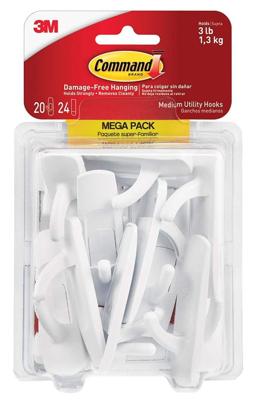 Command Medium Utility Hooks Mega Pack, White, 20-Hooks, 24-Strips, Organize Damage-Free 17001-MPES
