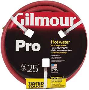 Gilmour Pro Rubber Hot Water Garden Hose – 5/8" x 25', Kink-Resistant, 400 PSI, Brass Fittings, Flexible in Cold, USA Made