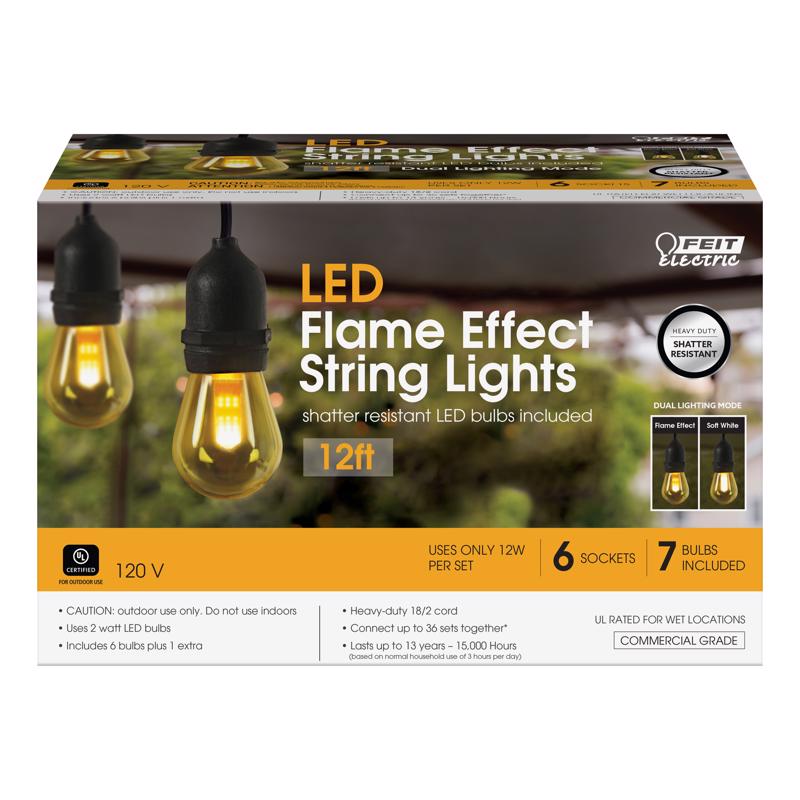 Feit Electric LED String Lights with Flame Bulbs Effect, 12ft Commercial Grade and Shatter Resistant String Lights, 6 Sockets, Linkable, 15,000-Hour Lifetime, SL12-6/FLAME, 7 Bulbs Included